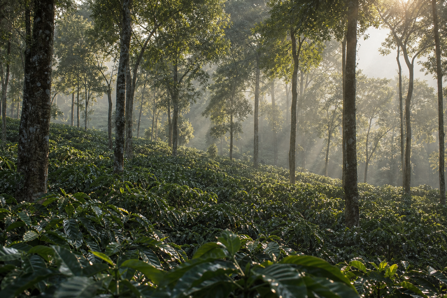 Shade-grown coffee estate canopy in the Karnataka belt