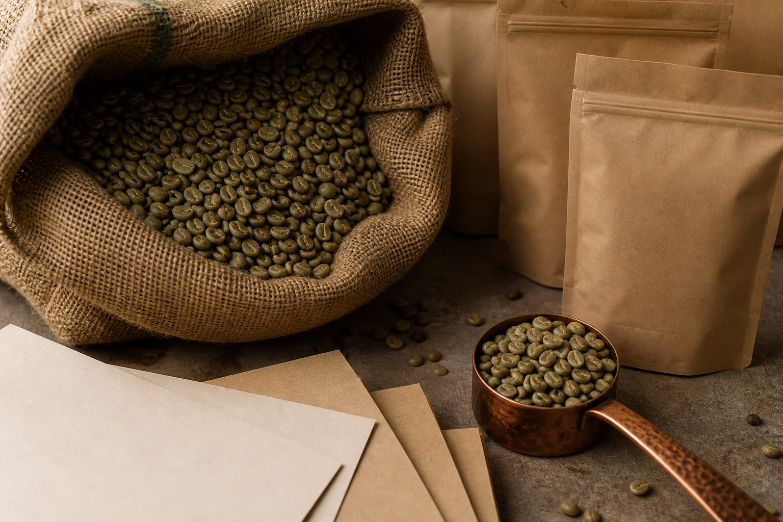 Green coffee, sample pouches, and blank supply materials