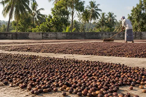 Harvested coffee drying on a patio